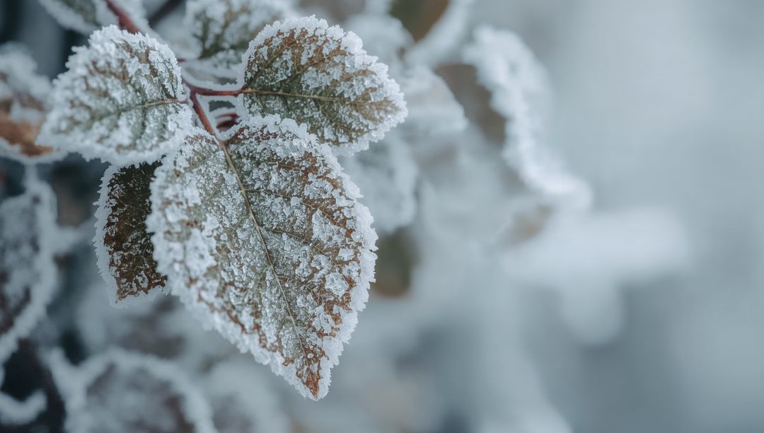 Glittering frost-coated leaf cluster shimmering on winter shrub with spiky ice crystals