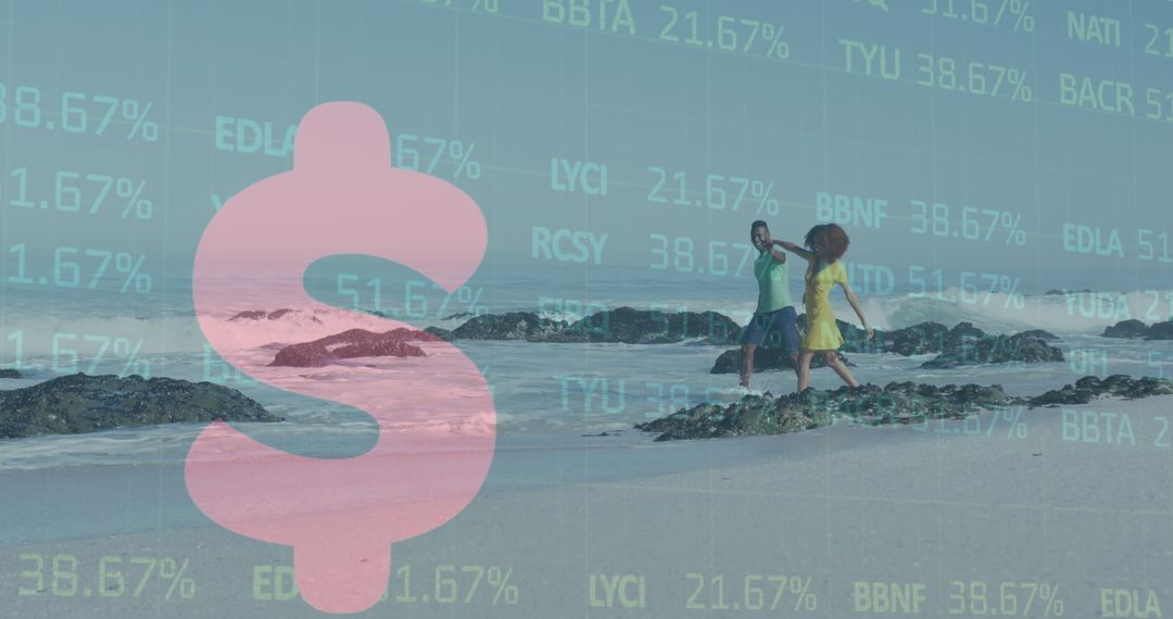 Couple on Tropical Beach with Financial Data Overlay Concept