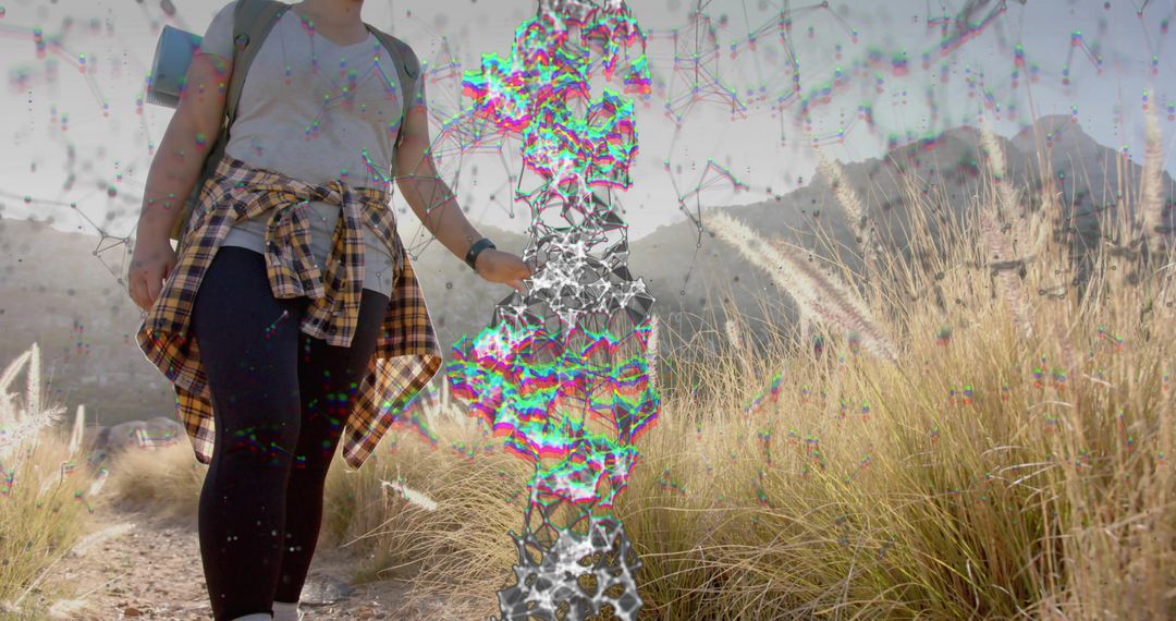 Adventurous Hiker Exploring Wild Narrow Trail with Digital Glitch Twist