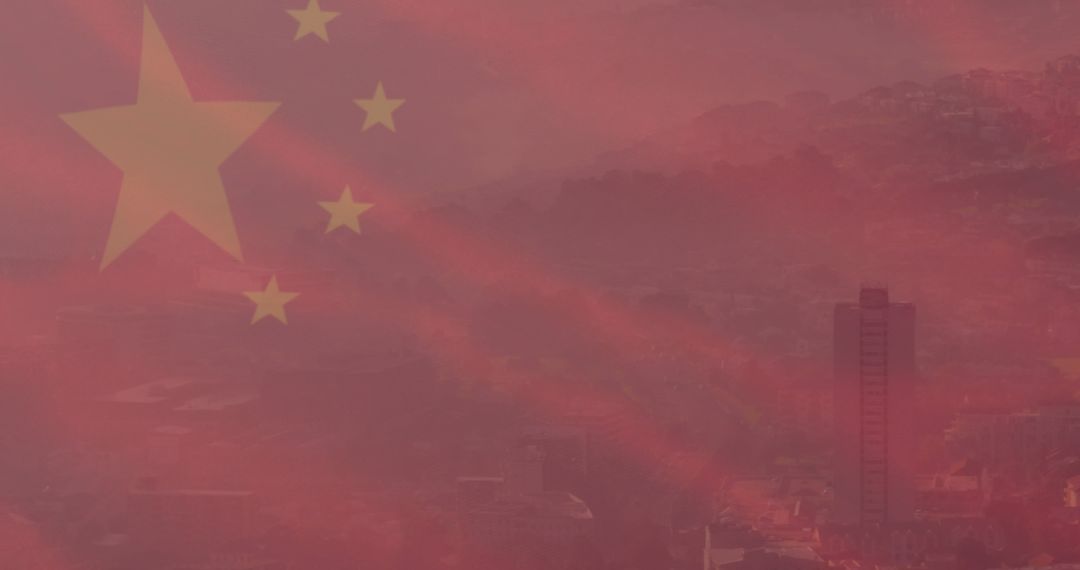 Chinese Flag Over Urban Skyline Symbolizing Economic Progress