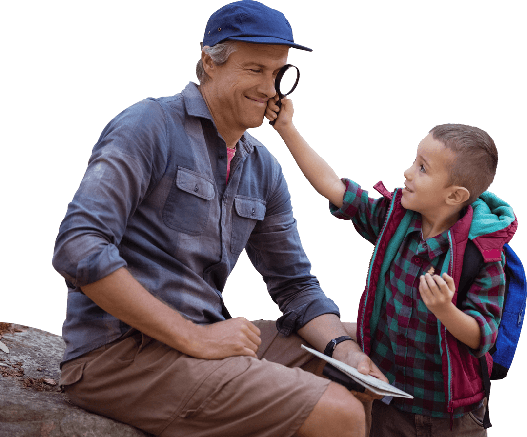 Father and Son Enjoying Outdoors Holding Magnifying Glass Transparent