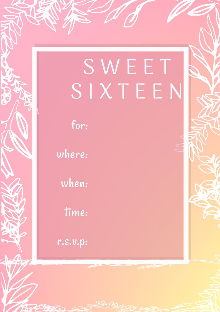 Sweet Sixteen Invitation Template with Floral Border on Pink Gradient - Download Free Stock Templates Pikwizard.com