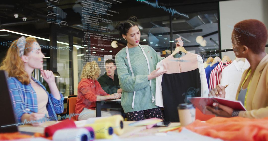 Diverse Team Collaborating on Fashion Design with Data Analysis Overlay