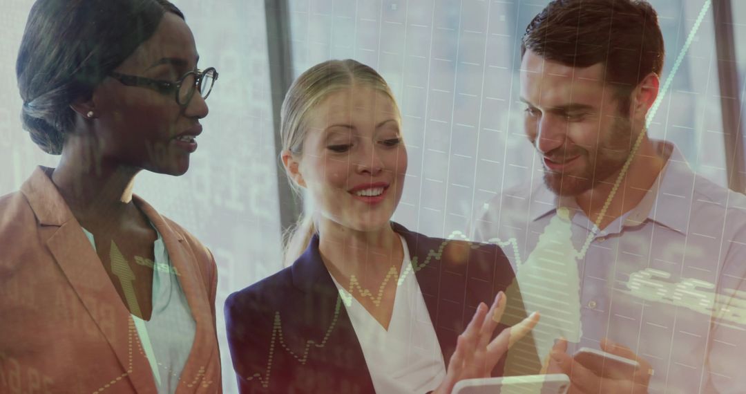 Business Team Discussing Financial Analytics with Devices in Modern Office