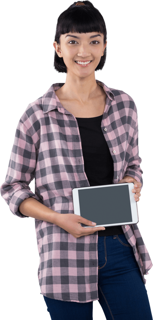 Smiling Woman with Digital Tablet Isolated on Transparent Background