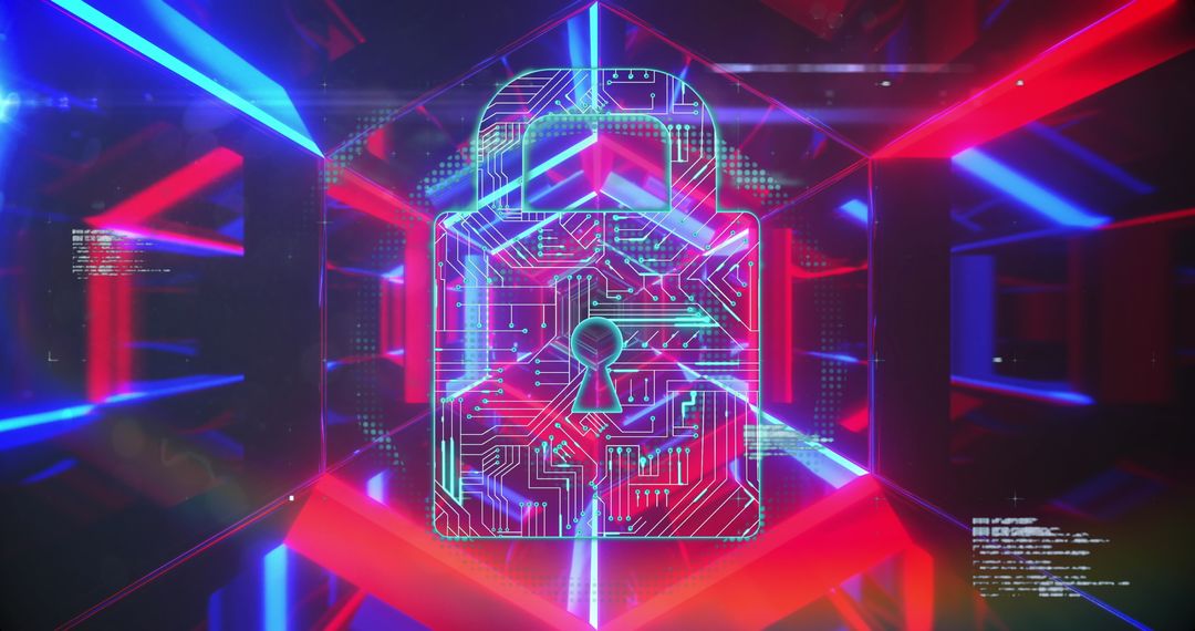 Digital Padlock in Neon Tunnel Symbolizing Cybersecurity Concept
