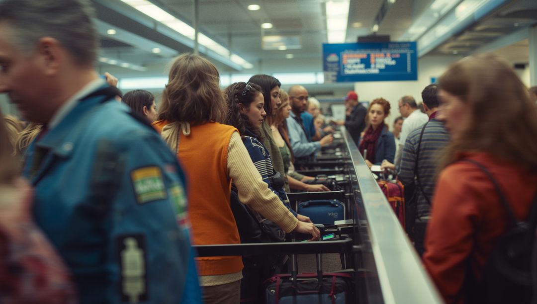 Travelers Queue for Airport Security Checkpoint