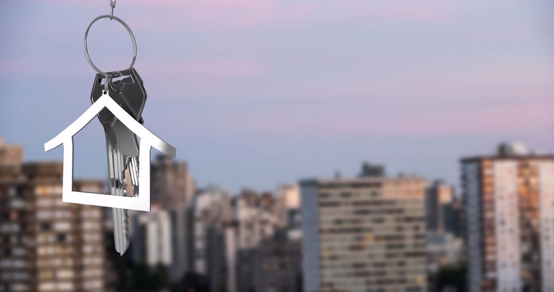 Silver House Key Over Cityscape Representing Real Estate Concept