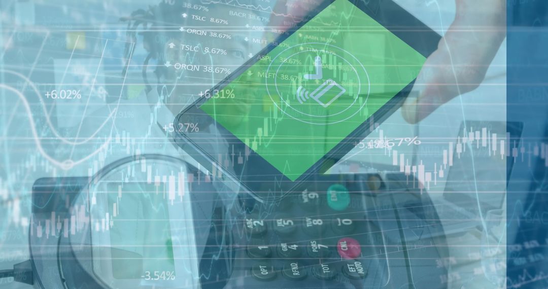Mobile Payment Technology and Financial Growth Chart Overlay