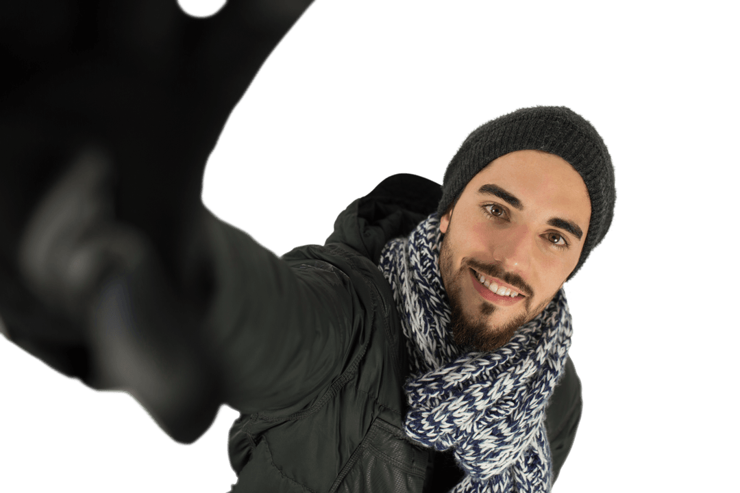 Caucasian Man Smiling Wearing Winter Outfit on Transparent Background