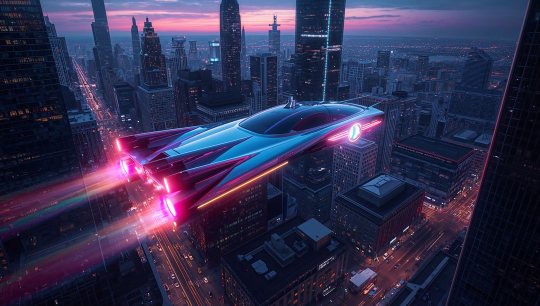 Neon Hovercraft Cruising Over Futuristic City Skyline at Dusk with Pink Thruster Trails