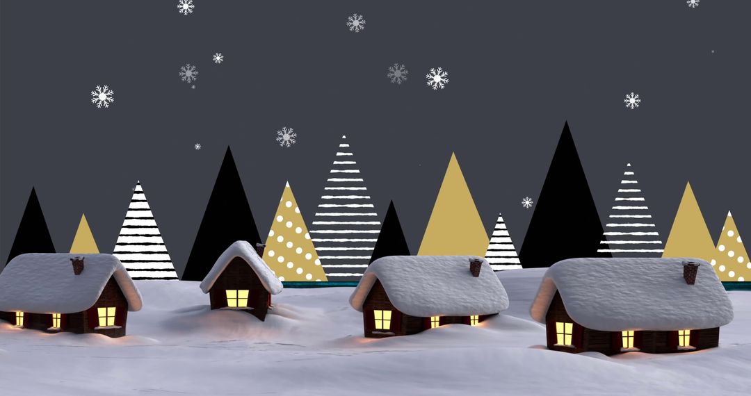 Snowy Winter Night with Illuminated Cabins and Falling Snowflakes