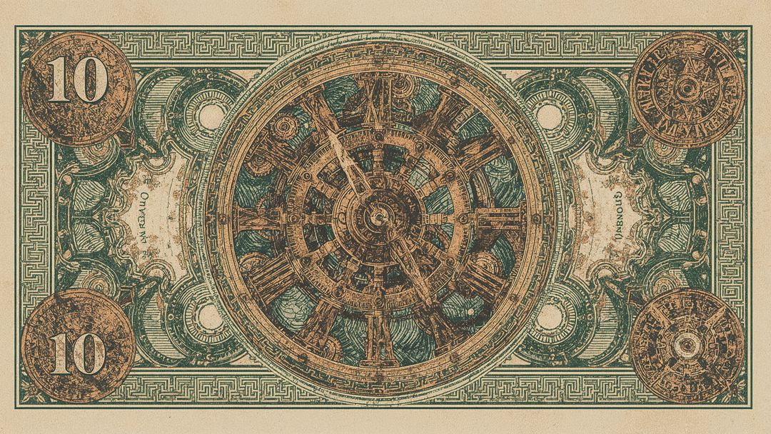 Vintage Ten-Unit Currency with Central Gear and Greek Key Design