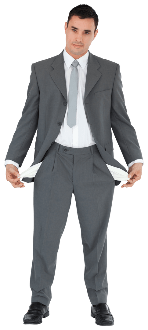 Transparent Businessman Showing Empty Pants Pockets in Gray Suit