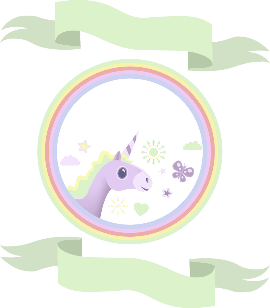 Colorful Unicorn in Rainbow Circle with Ribbon Banners on Transparent Background