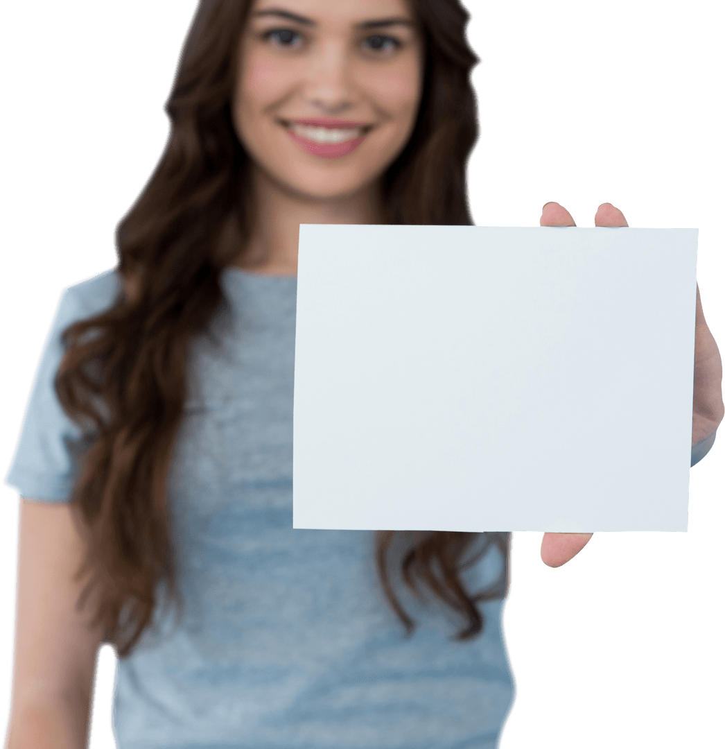 Smiling Woman Holding Blank Card with Copy Space Transparent Background