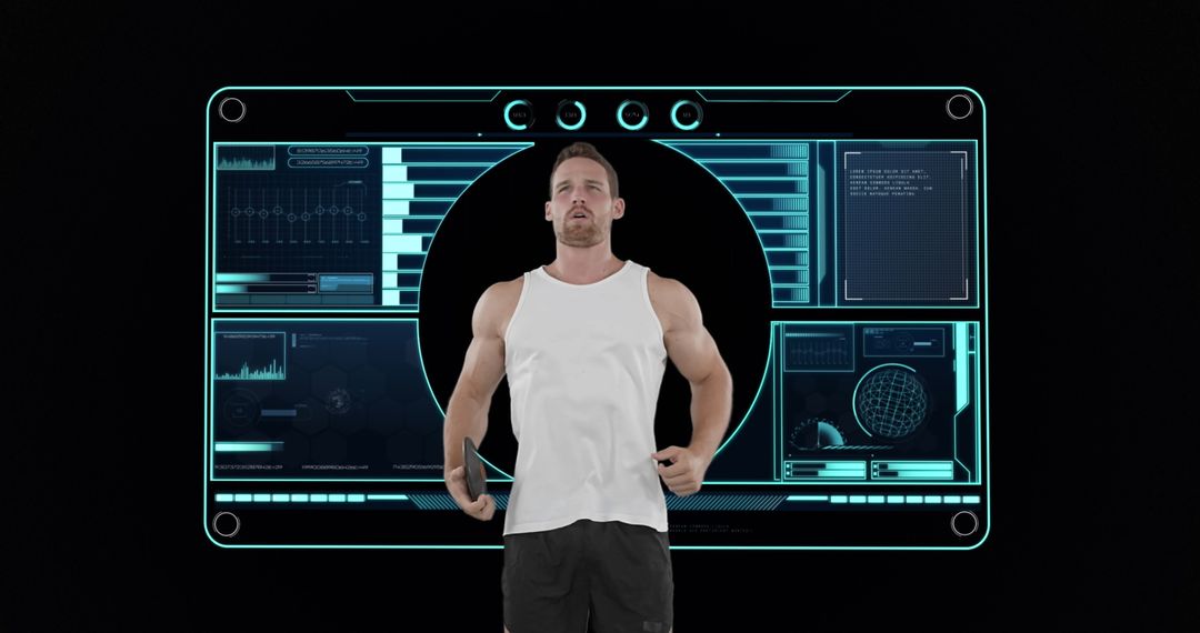 Athlete Analyzing Digital Fitness Data in Virtual Interface