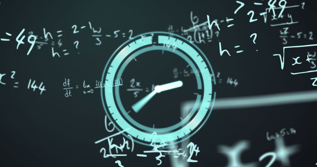 Futuristic Clock Overlaying Math Equations Depicting Science Advancement