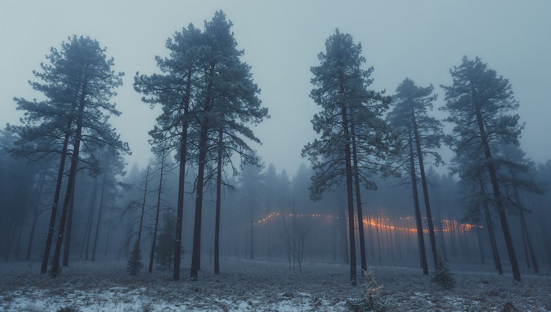 Glowing Orange String Lights Curving Through Foggy Pine Forest at Frosty Dusk Misty Twilight