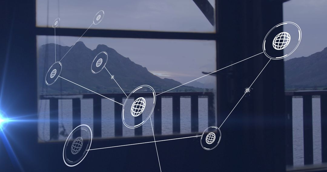 Global Network Icons Over Window with Mountain View