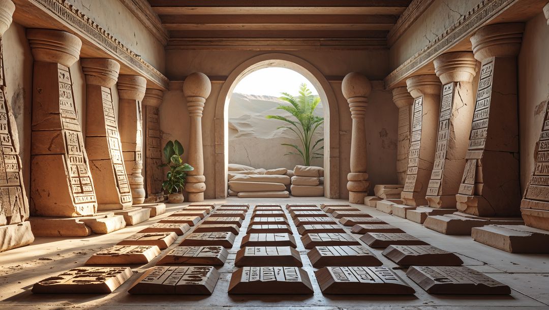 Ancient Temple Interior with Hieroglyphic Tablets and Columns