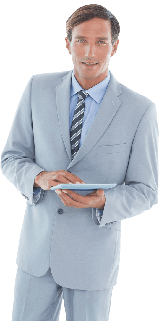 Transparent Businessman Using Tablet in Light Gray Suit Smiling