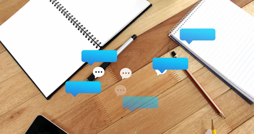 Digital Speech Bubbles Over Desk Workspace for Creativity and Collaboration