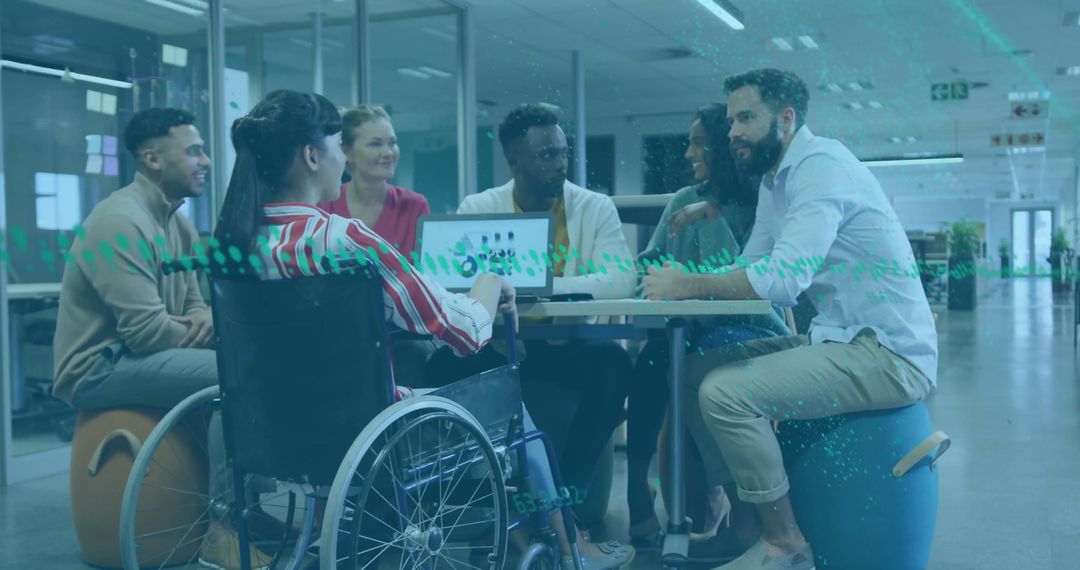 Diverse Team Discussing Business with Digital Data Overlay