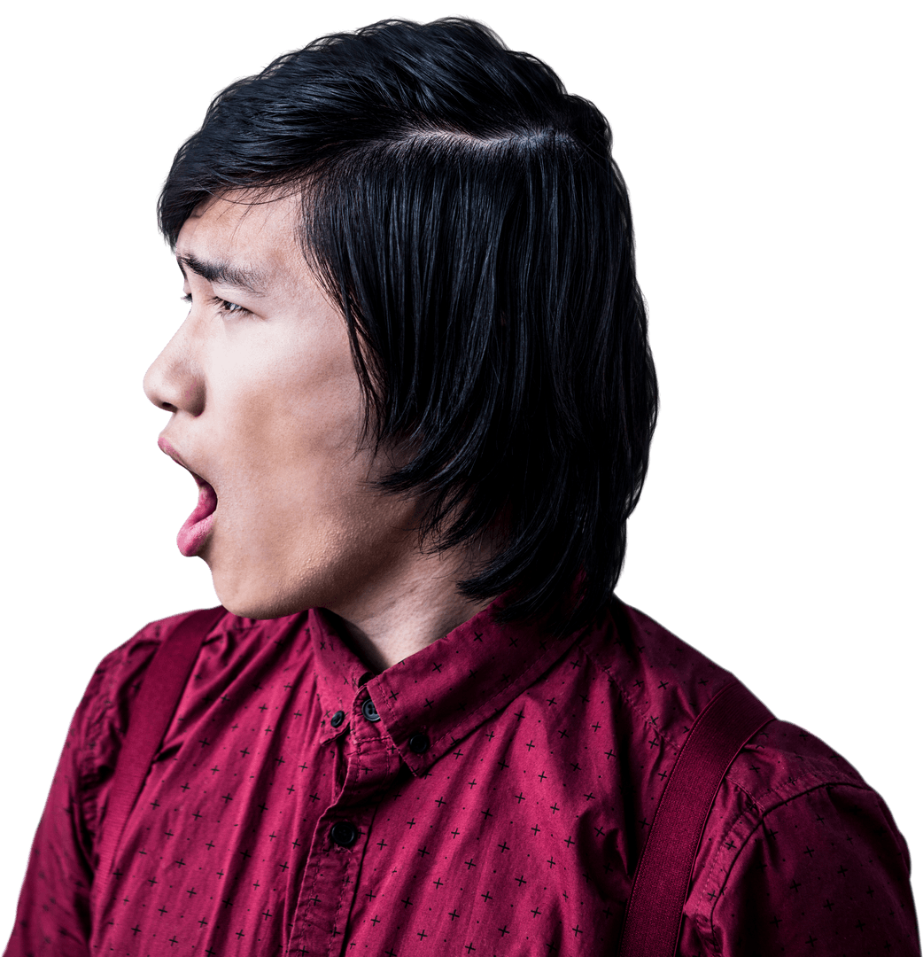 Shocked Asian Man Looking to Side on Transparent Background