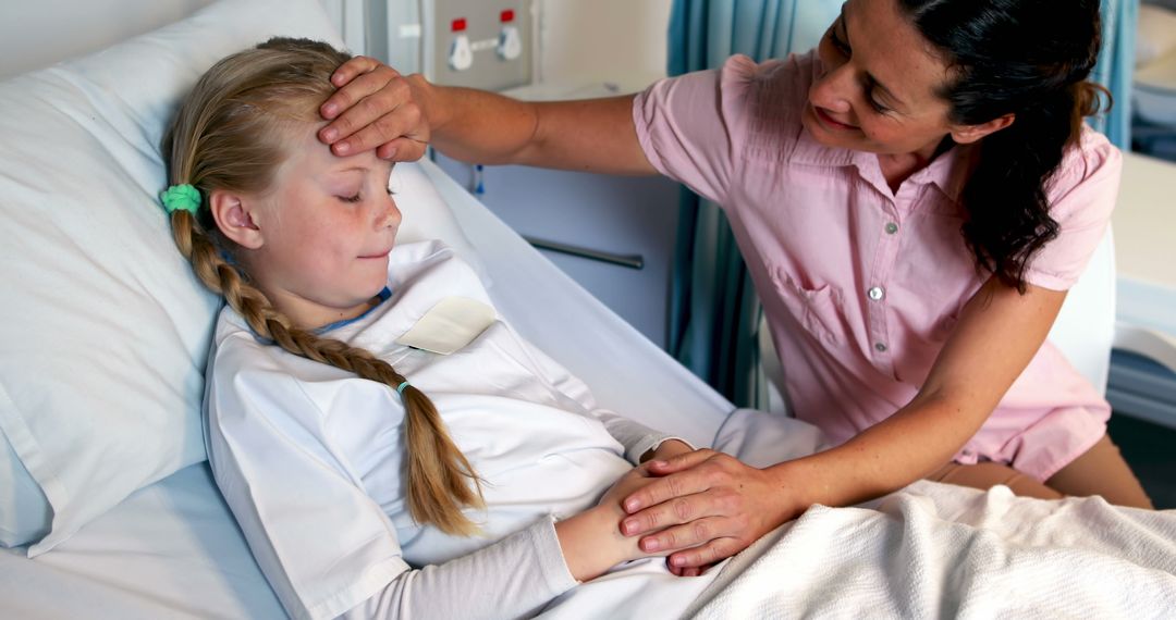 Mother comforting sick kid in hospital bed, child patient care - Free Images, Stock Photos and Pictures on Pikwizard.com