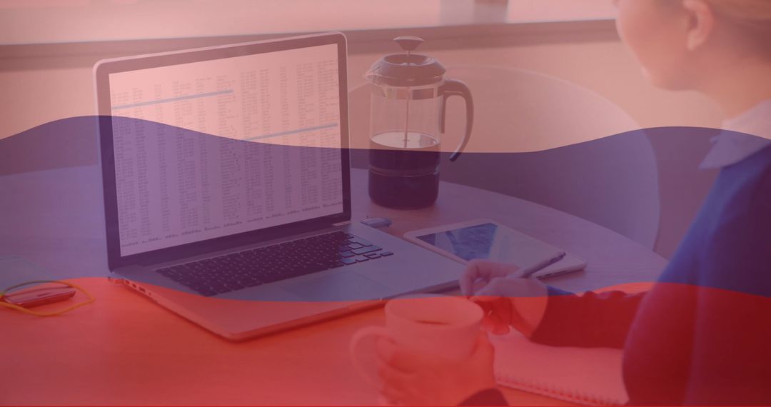 Synergy of Russian Patriotism and Businesswoman Analyzing Data