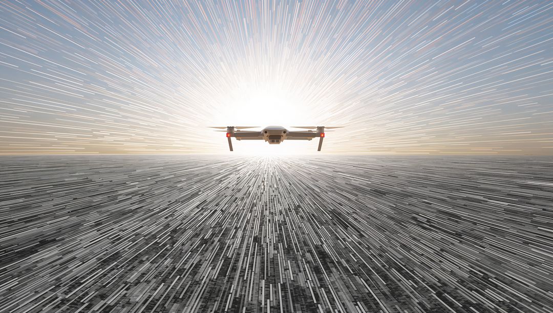 Hovering drone over abstract radial city grid toward sunrise with dynamic motion streaks