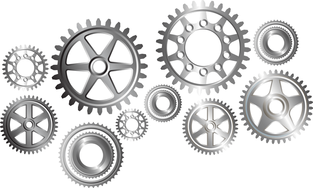 Silver Metallic Gears on Transparent Background