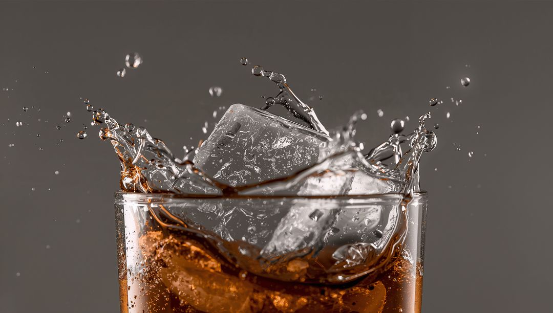 Cola splashing with ice cube in glass, mid-splash droplets and condensation