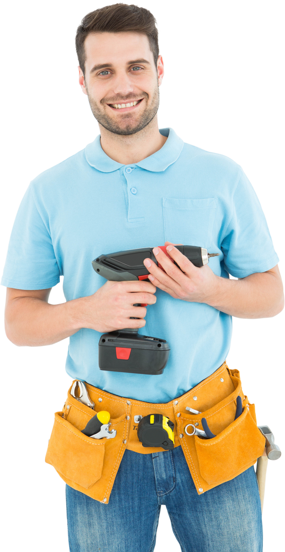 Transparent Background Smiling Young Repairman Holding Hand Drill Tool Belt - Download Free Stock Images Pikwizard.com