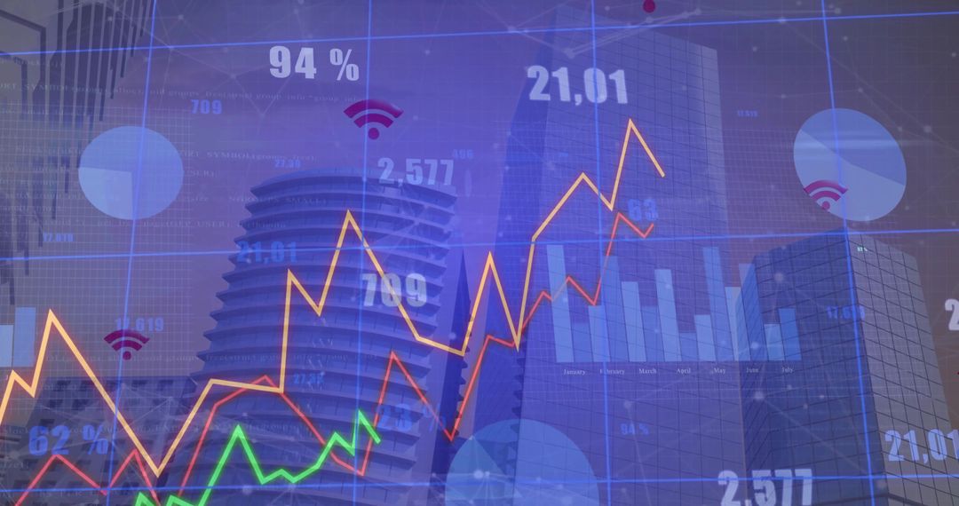 Projecting Financial Data Over Urban Skyline Showing Rising Market Trends and Analytics