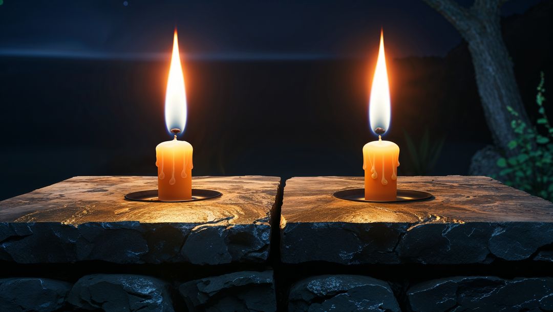 Rustic Candlelight on Stone Blocks Under Starlit Sky