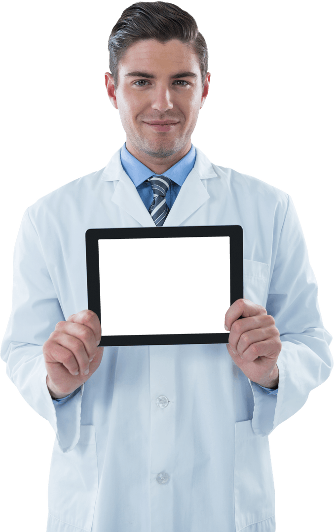 Professional Doctor Holding Transparent Digital Tablet