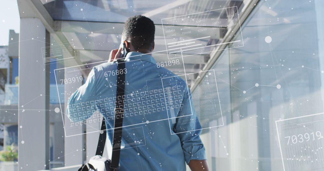 Businessman at Airport with Digital Financial Data Graphics
