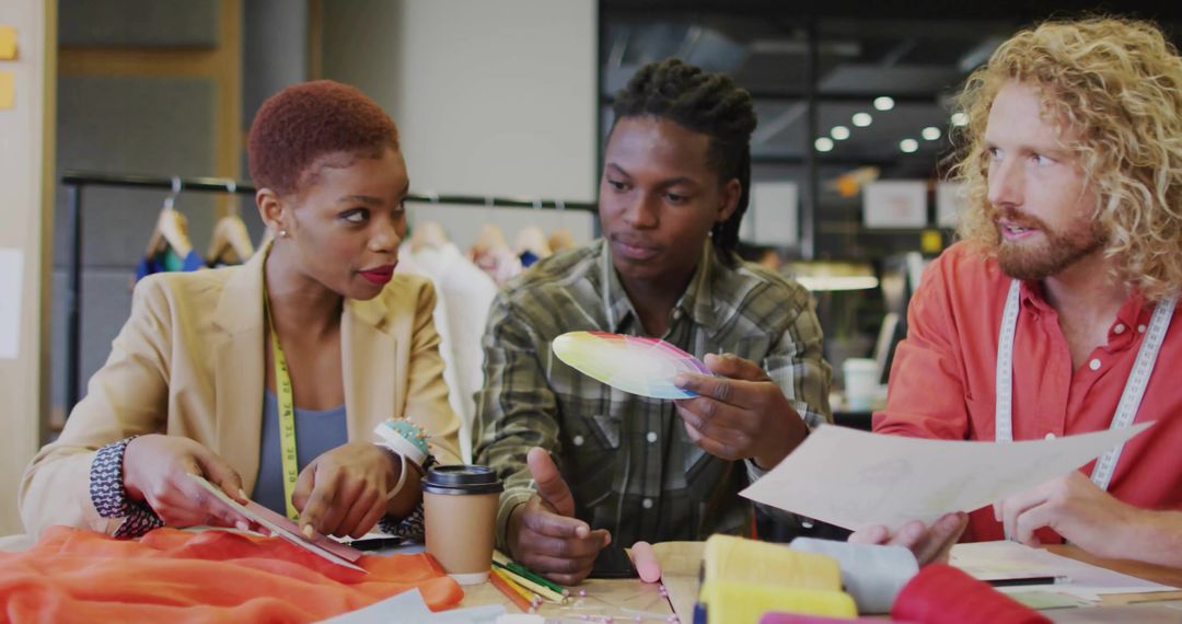 Fashion Designers Collaborating with Color Palettes in Creative Studio