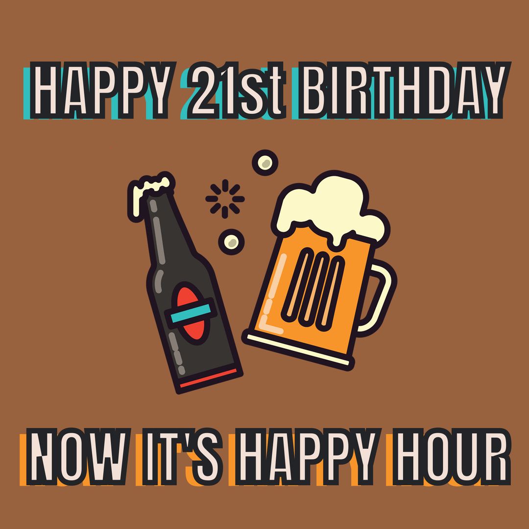Happy 21st Birthday Celebration with Beer Bottle and Mug Graphic on Brown - Download Free Stock Templates Pikwizard.com