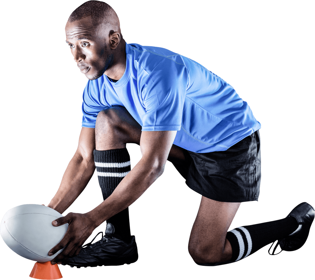 Transparent Rugby Player Placing Ball on Kicking Tee