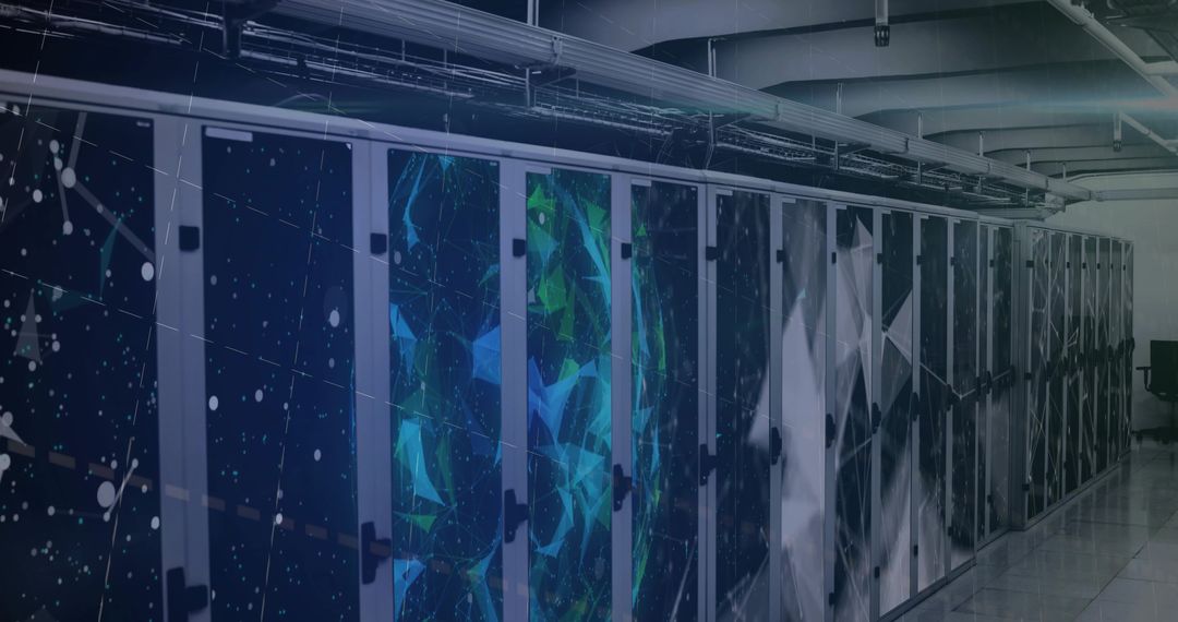 Futuristic data center rack row with glowing server cabinets and neon network visuals