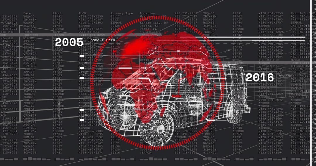 Futuristic Wireframe Car Over Data Grid and World Map Visualization