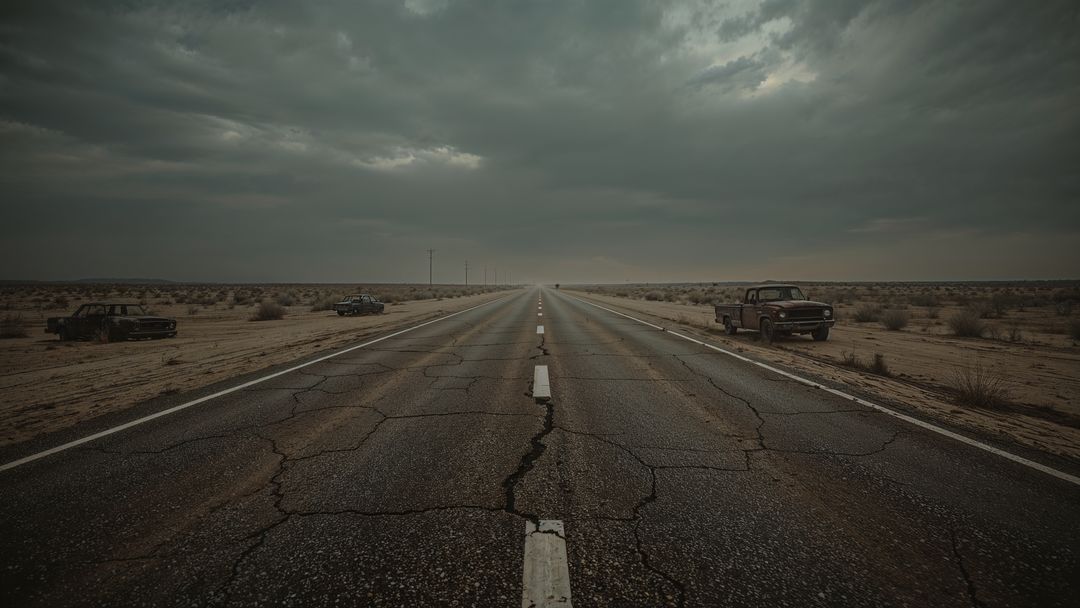 Lonely desert road earthquake with abandoned vehicles under moody sky