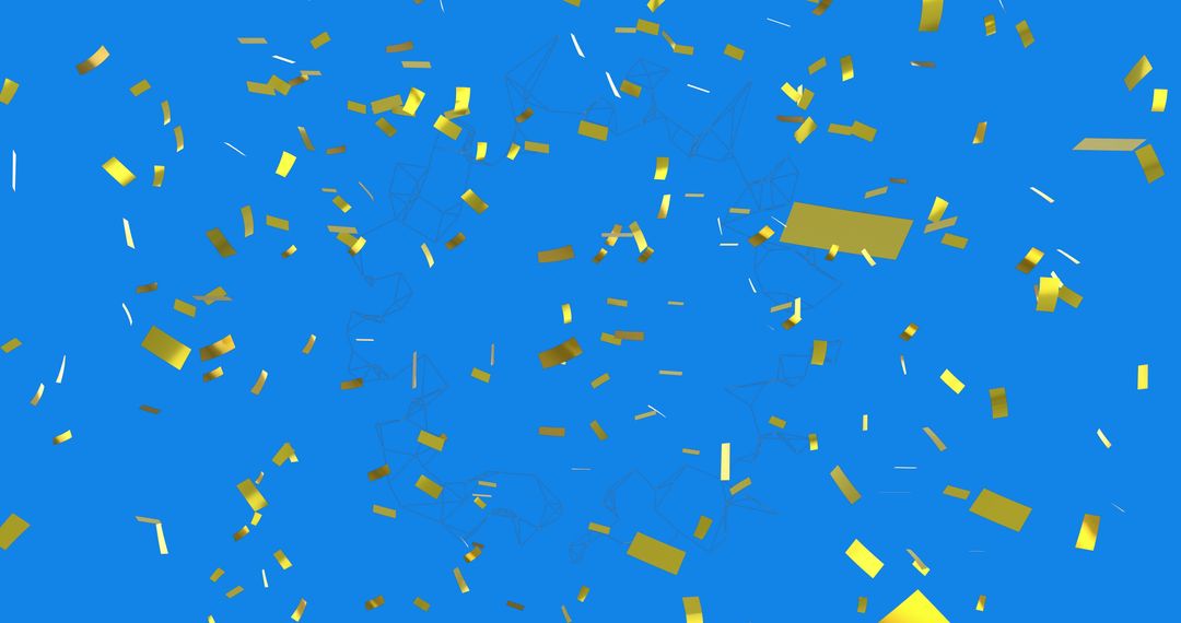 Golden Confetti Falling on Geometric Shapes and Blue Background