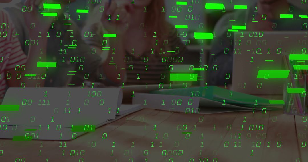Students Collaborating at Wooden Table with Overlay of Digital Binary Code