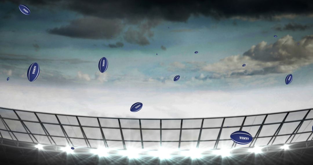 Rugby Balls with Samoa Text Falling Over Stadium Under Cloudy Sky