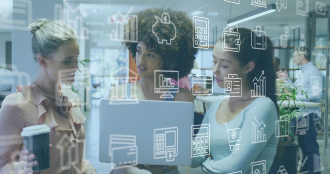 Three Women Collaborating on Laptop with Financial, Analytics and Business Icons Overlay