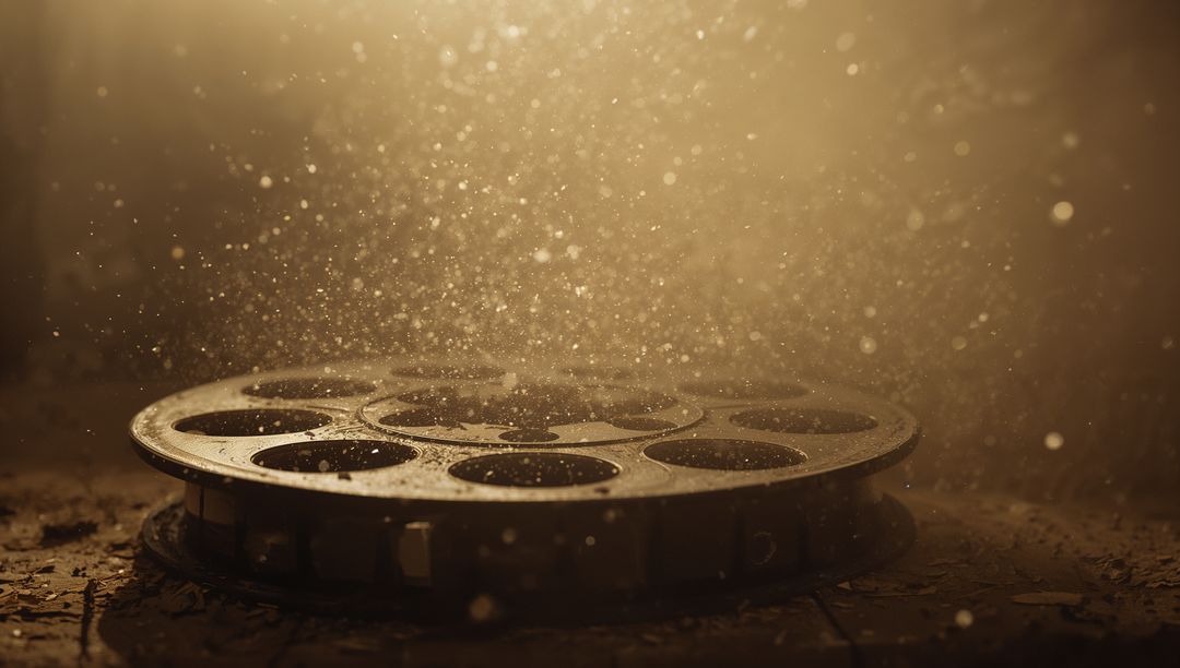 Vintage film reel resting on dusty floor with warm backlight and floating dust